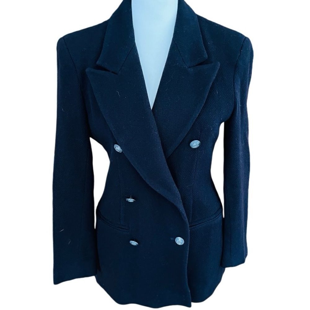 AnnTjian for KENAR black double breasted 100% wool lined blazer, size 4P.